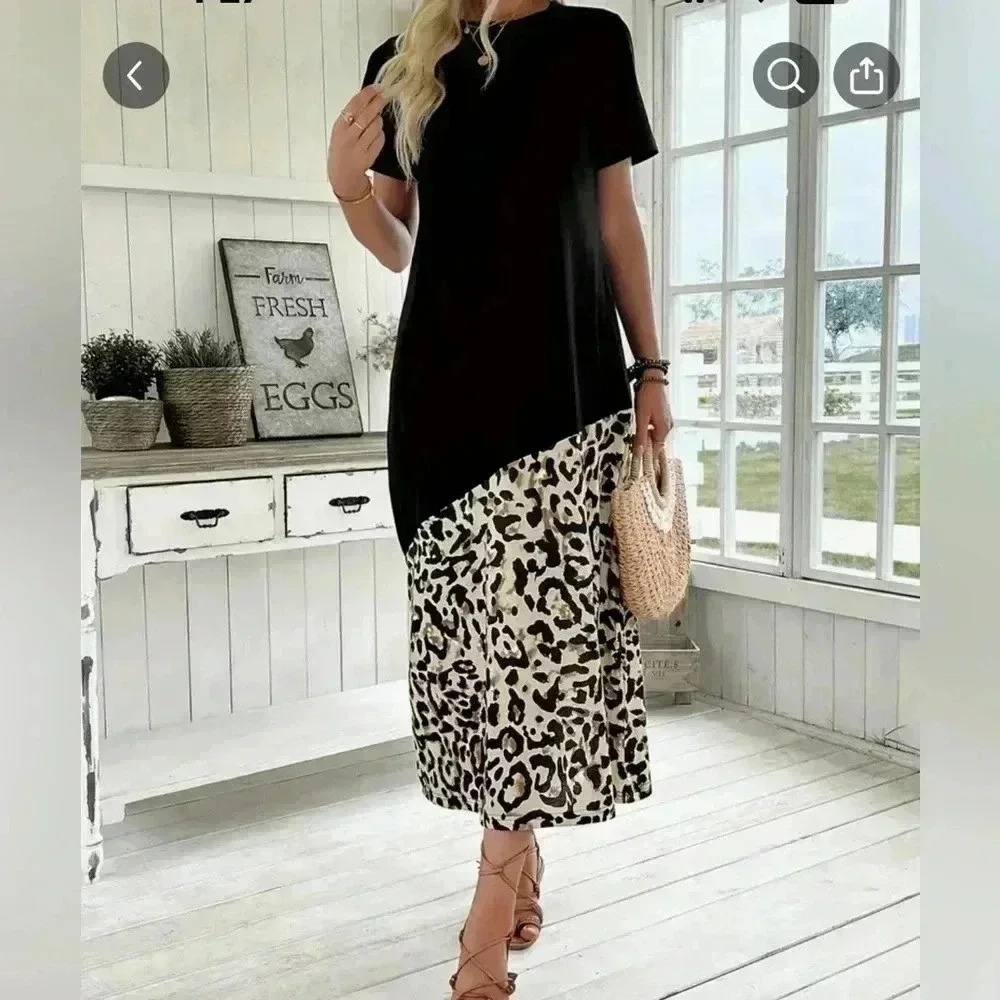 NEW Leopard Color Block Maxi Dress Size Large Casual Chic Flowy - Picture 5 of 11